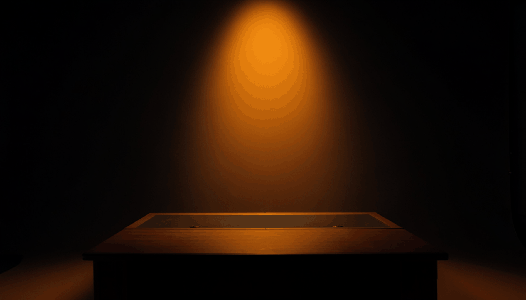 A dark charcoal studio backdrop with a single warm amber spotlight, evoking a quiet newsroom desk at night, moody and calm